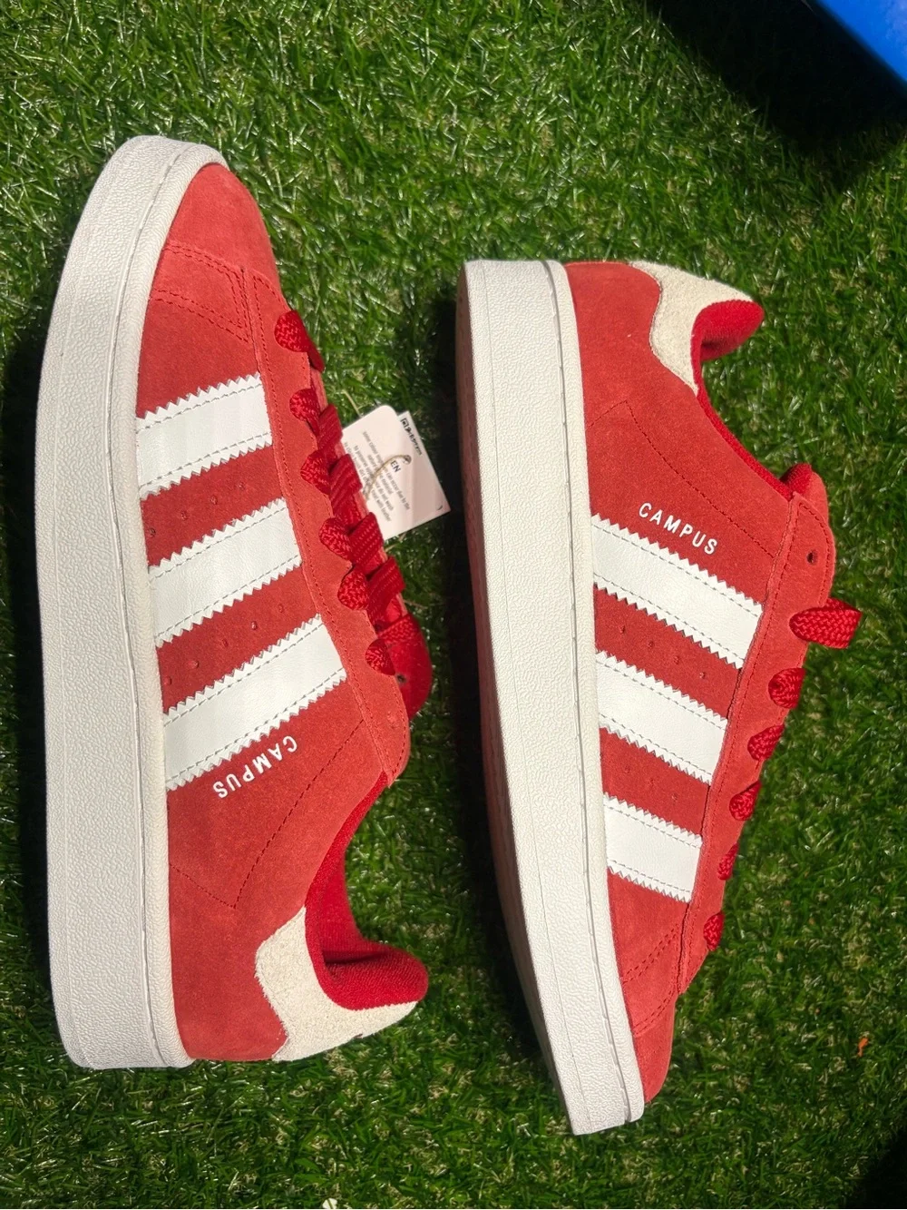 adidas Campus Red Suede w/ White Stripes mens 7, women’s 8.